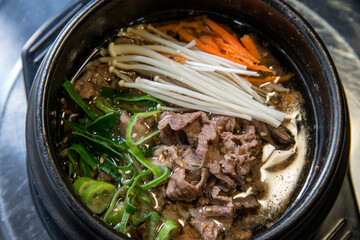 View of the bulgogi soup, a traditional Korean food