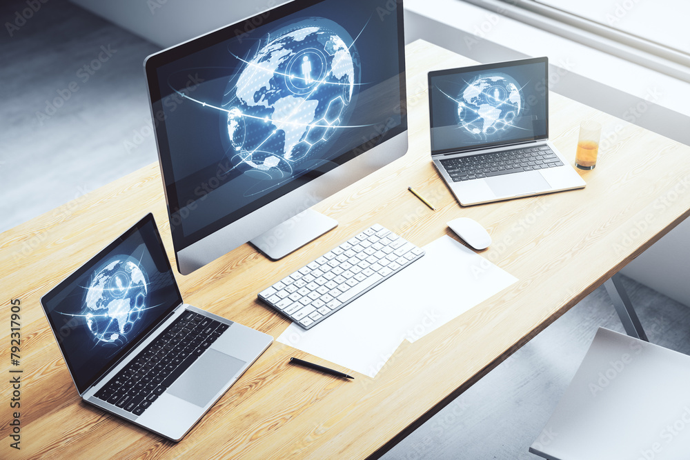Aufkleber social network concept with world map on modern laptop screen. 3d rendering
