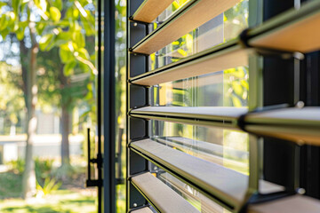 Close-up of an innovative window design that maximizes natural daylight and minimizes heat loss, with a focus on the technology and materials