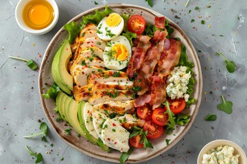Cobb salad with chicken avocado bacon tomato cheese eggs American cuisine Overhead view Flat lay banner