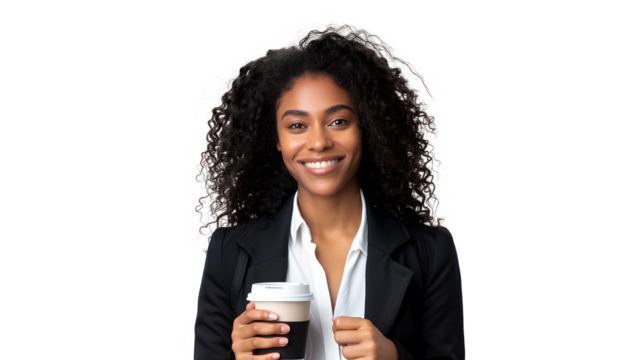 Cheerful multiracial businesswoman with coffee isolated on a transparent background