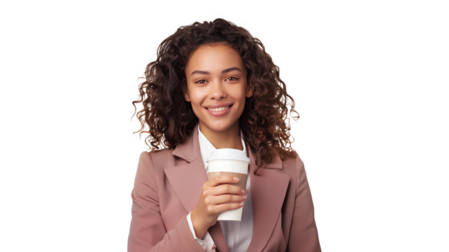 Cheerful multiracial businesswoman with coffee isolated on a transparent background