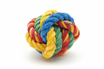 Colorful cotton rope dog toy on white background with space for text