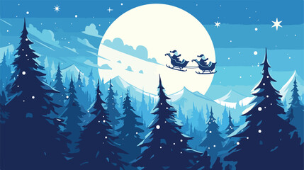 Santa flying through the night sky under the christ