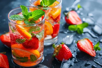 Fotobehang Cool and fruity Summer mocktail with strawberries oranges and mint Refreshing and healthy detox drink © The Big L