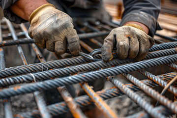 Closeup of construction workers hands tying rebar