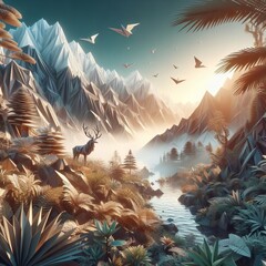 Surreal Low Poly Paper Landscape at Twilight with Stars and River Reflecting the Vibrant Sky - obrazy, fototapety, plakaty