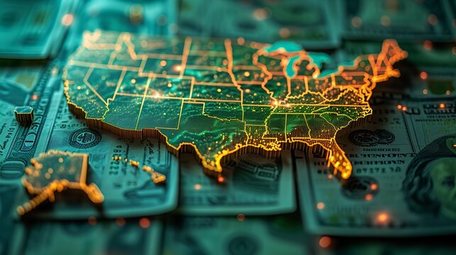 United States Map on dollar sign background - tax - money - spending 