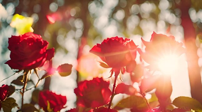 The sun shines on the beauty of the red roses blooming in the garden