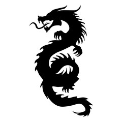 Chinese Dragon Silhouette, Chinese Zodiac, Horoscope Symbol on White Background. Isolated Black Silhouette.