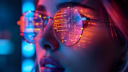 Close-Up of Person in Eyeglasses with Intense Lighting and Stock Market Reflections