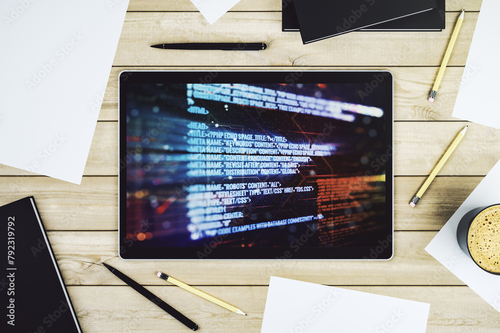 Leinwandbilder modern digital tablet screen with abstract graphic coding sketch, big data and networking concept. t