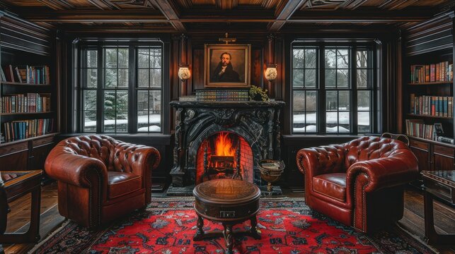 a living room with a fire place and leather furniture in it,art image