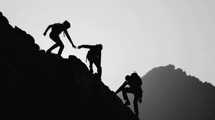A group of people are climbing a mountain together. The image has a mood of teamwork and camaraderie