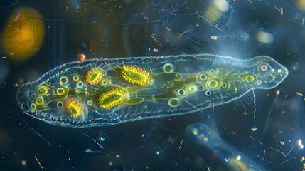 A magnified view of a of Euglena a type of photosynthetic protozoa that can be found in freshwater and soil.