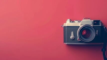 Vintage photo camera on red background. - 792320548