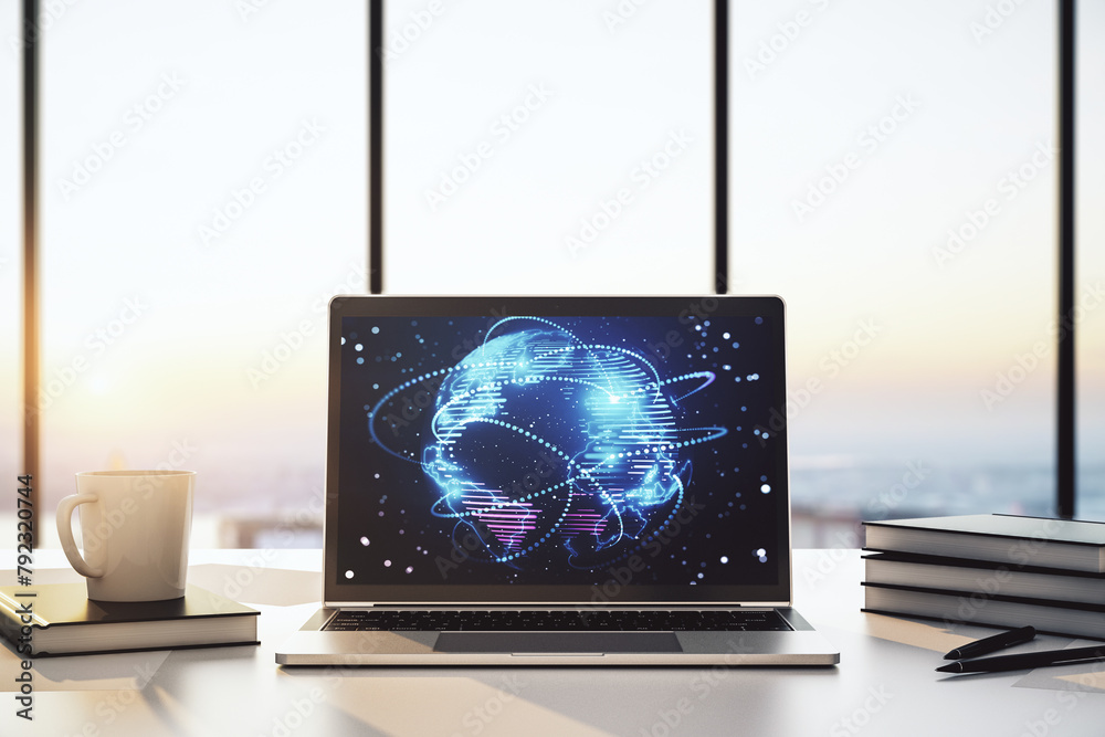 Fototapete computer monitor with abstract graphic digital world map with connections, globalization concept. 3d