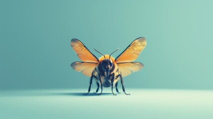 A bee with its wings spread wide on a green background - 792320706