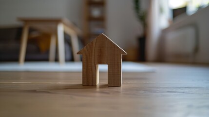 A miniature wooden house on the wooden table. - 792320738