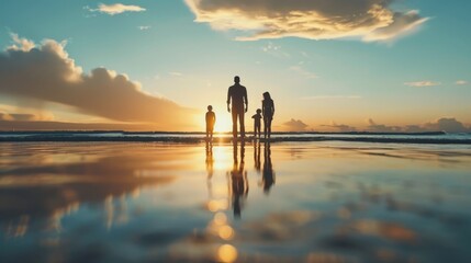 A family on the sand sea beach at sunset. 