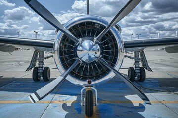 Detailed view of a modern turboprop airplane engine and airscrew on airport parking - obrazy, fototapety, plakaty