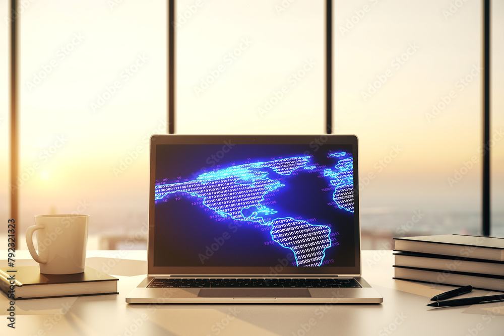 Poster America map on modern computer monitor, big data and digital technology concept. 3D Rendering