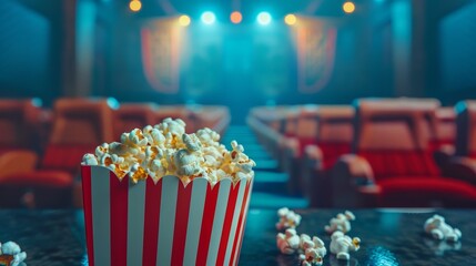A popcorn bucket and cinemas movie theater.