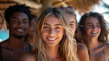 Fototapeta premium Large group of friends taking selfies, smiling for the camera - young people laughing, celebrating. Portraits of young men and women enjoying a vacation.