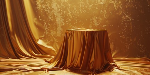 Elegant draped golden fabric covering an unseen object with textured background.