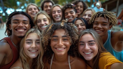 Large group of friends taking selfies, smiling for the camera - young people laughing, celebrating. Portraits of young men and women enjoying a vacation.