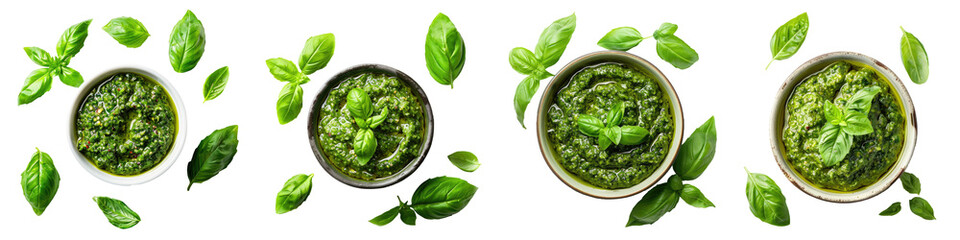 Collection of pesto sauce in bowl and basil leaves cutout clipping path png isolated on white or...