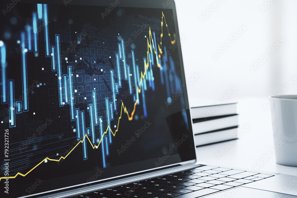 Poster Modern computer screen with abstract creative financial chart, research and analytics concept. 3D Rendering