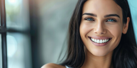 Close-up of a cheerful young woman with a bright, healthy smile, showcasing perfect teeth.