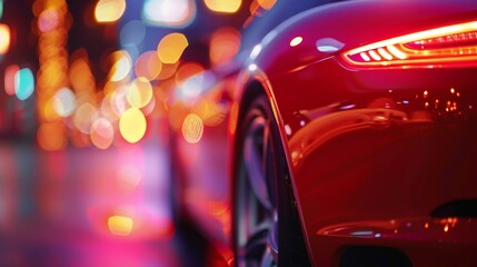 Detail of a luxury car's glowing tail light with vibrant bokeh city lights in the background, capturing urban sophistication.
