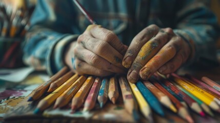Hands are Stained with Colored Pencils. - 792321914