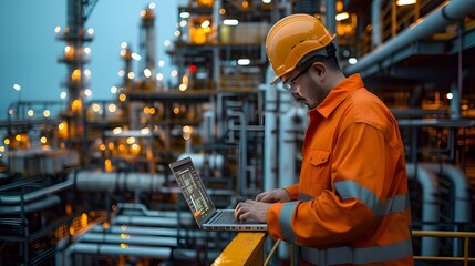 Successful engineer working long hours in the oil and gas industry with his laptop,  Ai generated 
