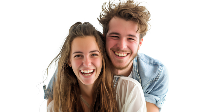 Happy young couple having fun outdoors and smiling isolated on a transparent background