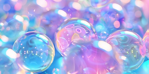 Close-up of translucent bubbles reflecting a spectrum of colors with a dreamy bokeh effect.