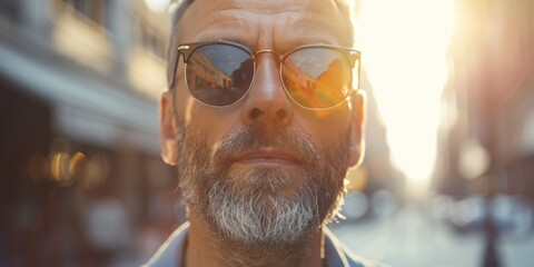 Elderly man with a beard wearing reflective sunglasses on a city street at sunset.