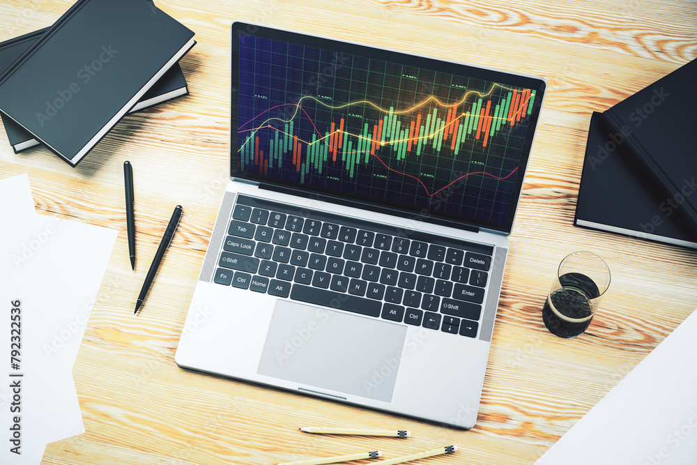 Poster modern computer screen with abstract creative financial chart, research and analytics concept. 3d re