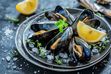 Fresh mussels with lemon and herbs on a dark plate seafood on ice in a restaurant or market