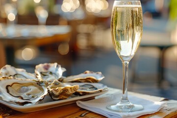 Fototapeta premium Fresh oysters and chilled prosecco wine on table Delicious seafood