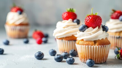 berry cupcake, cupcakes decorated with strawberries, blueberries and whipped cream in the colors of the American flag in honor of American Fourth Day