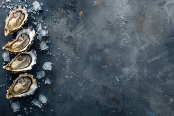 Fresh oysters top down on black background with space