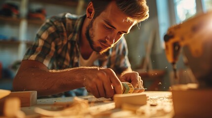 A Carpenter Carves A Wooden On Desk. - obrazy, fototapety, plakaty