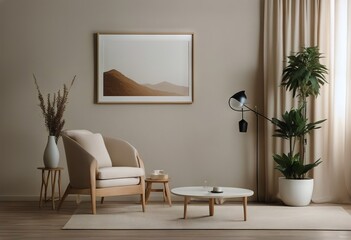 interior background room beige frame home decor Mock minimal - obrazy, fototapety, plakaty