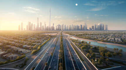 Sunrise over modern city skyline with highways