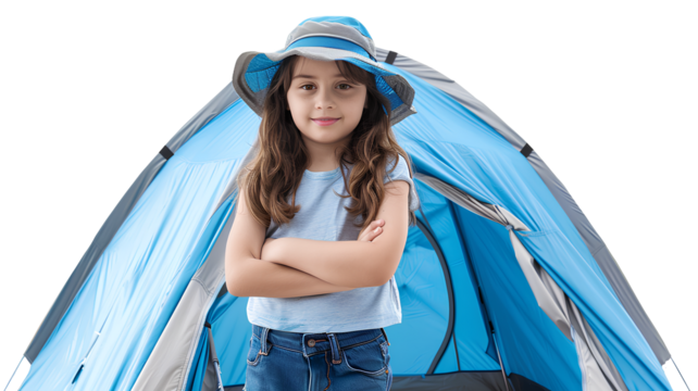 A young girl standing in front of her campsite isolated on a transparent background 