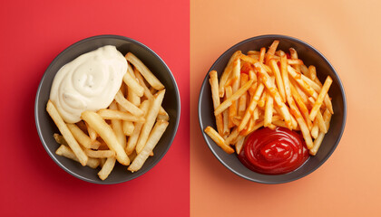 French fries with ketchup and mayonnaise on red background