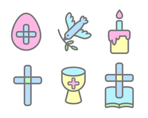 Easter vector icons. Christian religious outline color symbols of cross bible cake bird and cup isolated on white background. Pictograms for holly spring holiday.